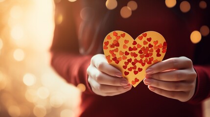 A person holding a homemade card with glitter hearts.