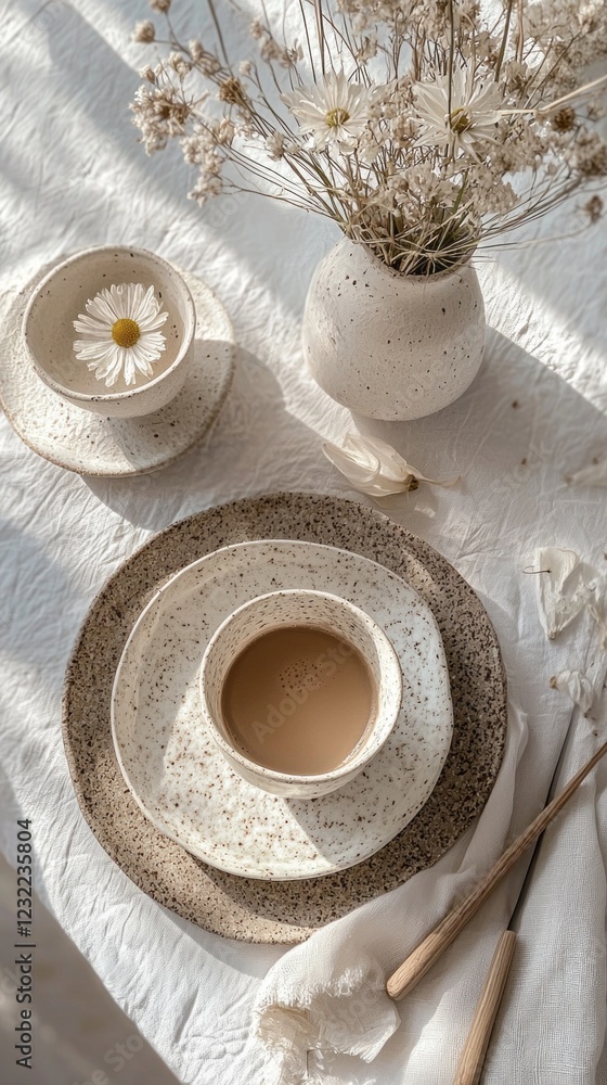Poster a serene flat-lay captures mocha mousse elegantly arranged on textured ceramic plates. delicate drie