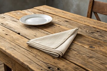 Rustic wooden table setting with a folded linen napkin and a simple plate