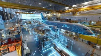 Digital Twin Technology: A digital twin of a smart factory or city, where virtual replicas of physical devices and systems are displayed alongside their real-world counterparts