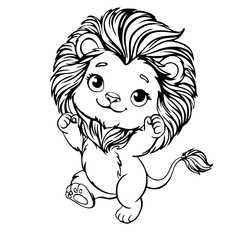 Vector illustration of cute cartoon lion cub.Monochrome illustration