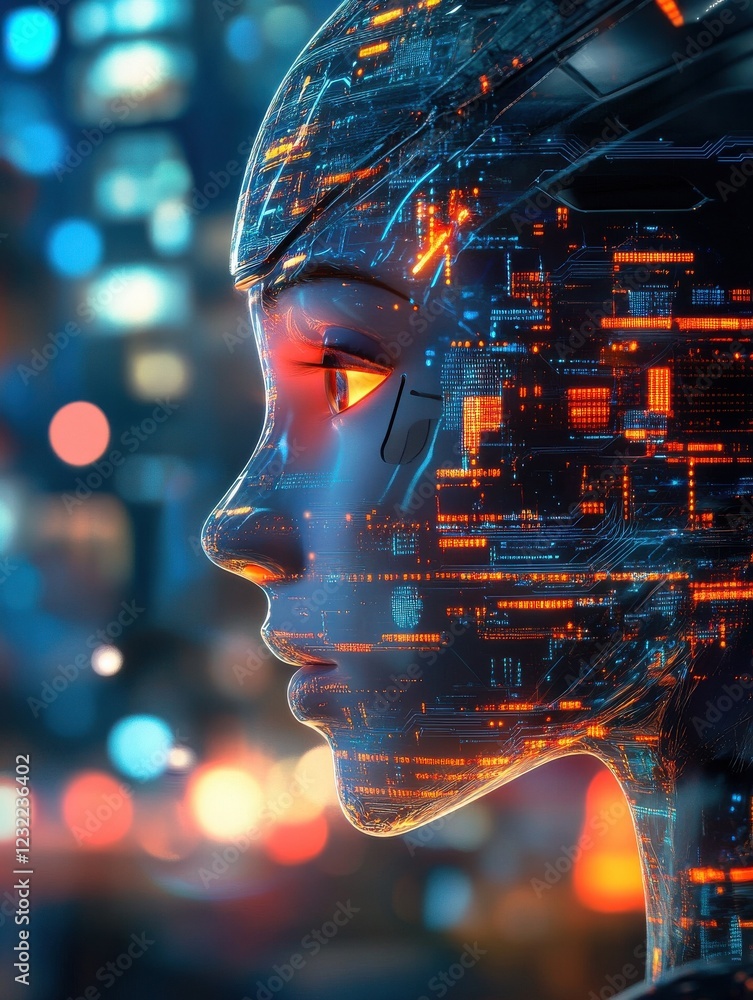 Poster intelligent ai chatbot engaging with users in a modern, sleek virtual space, highlighted by bright, 