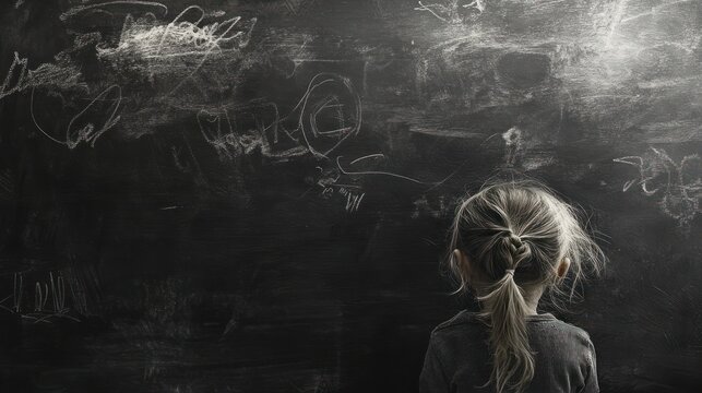 Little Girl Facing a Chalkboard Filled with Scribbles: A Contemplative Moment