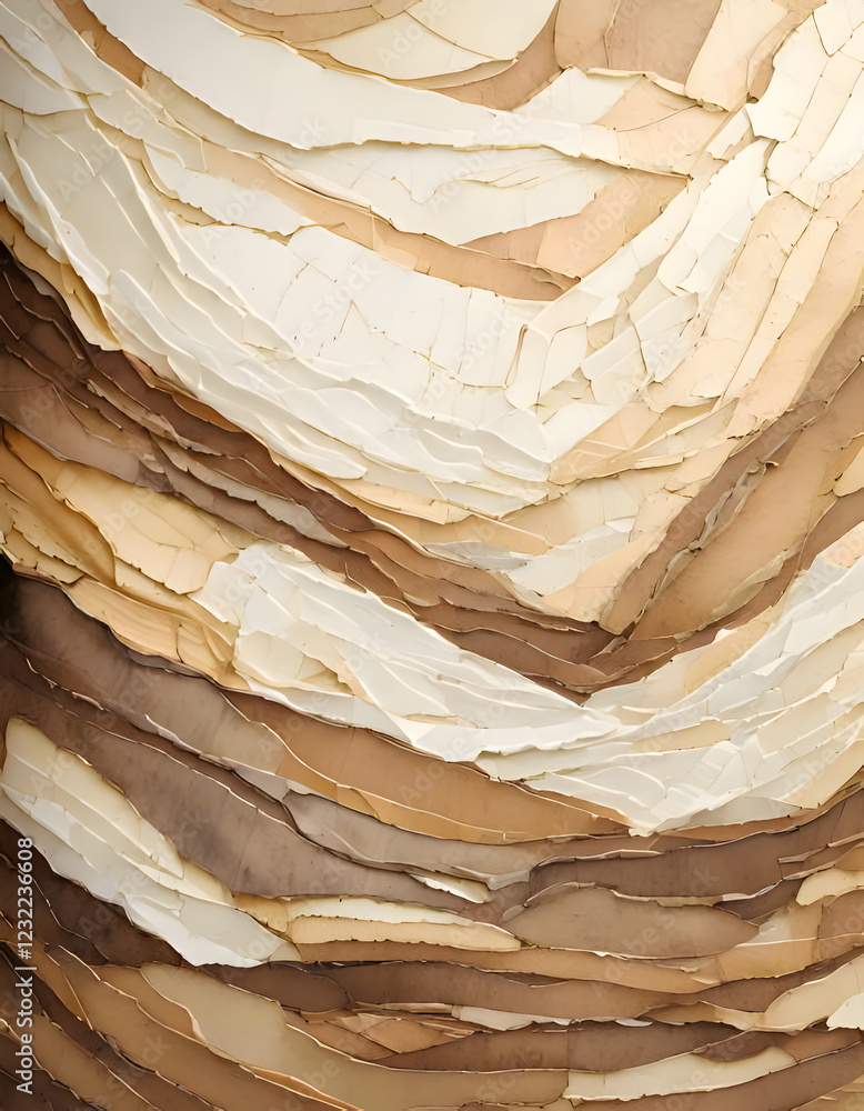 Poster layers of torn and peeling paper in neutral tones create a textured abstract background