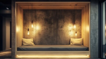 Cozy wooden alcove bed, concrete wall, warm lighting, apartment interior, relaxation