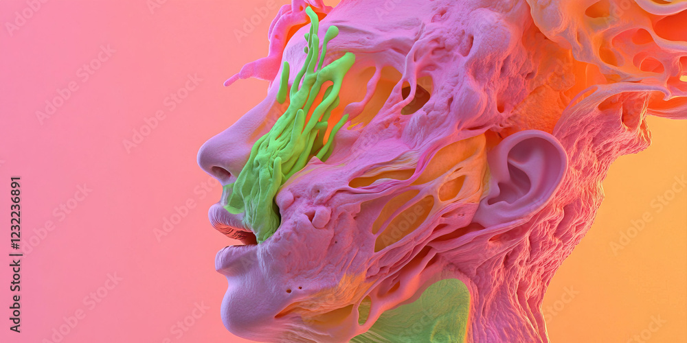 Poster abstract digital render of a partially decomposed head profile