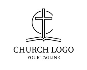 Christian church  logo, bible with letter C and cross, vector icon design template