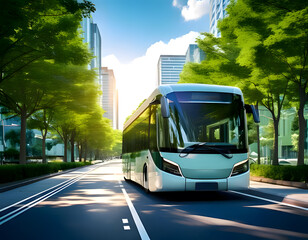 Obraz premium A bus drives along a city street lined with lush green trees and tall buildings under a bright sky