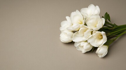 Fototapeta premium Three graceful white flowers stand tall with lush green leaves, their delicate petals glowing softly against a dark backdrop, highlighting their natural beauty in a serene setting