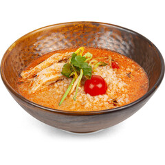 Tom Yum Soup with Chicken on a plate on a white background