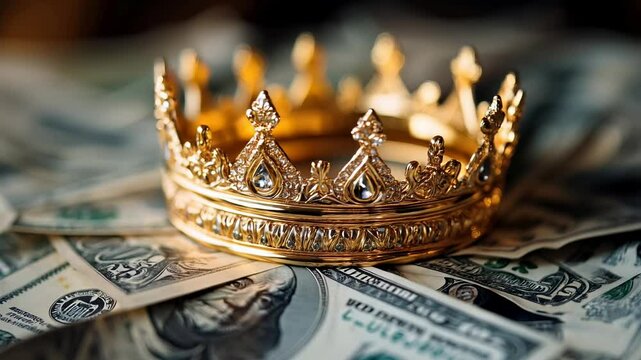 Golden crown resting on a pile of dollar bills symbolizing wealth, royalty, and financial power.