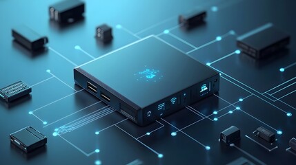 A sleek, futuristic IoT gateway device sitting at the center of a network, connecting various devices, ensuring seamless communication and data flow