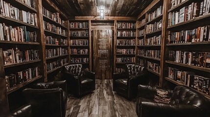 Obraz premium Rustic library reading room with leather chairs, wooden walls, and bookshelves