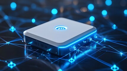 A sleek, futuristic IoT gateway device sitting at the center of a network, connecting various devices, ensuring seamless communication and data flow