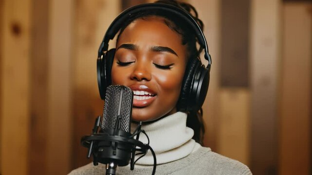 African-American female singer recording into a microphone in professional studio.