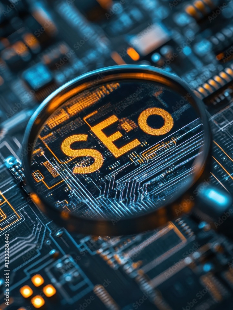 Poster magnifying glass focusing on seo text over circuit board representing digital marketing strategy and
