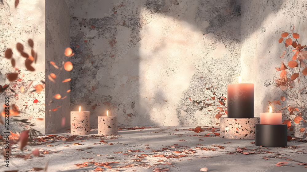 Poster a serene, minimalistic space featuring candles and scattered autumn leaves, creating a cozy and invi