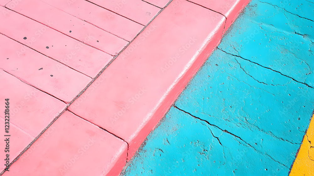 Poster a vibrant view of pink and blue pavement with distinct textures and lines, creating an eye-catching 