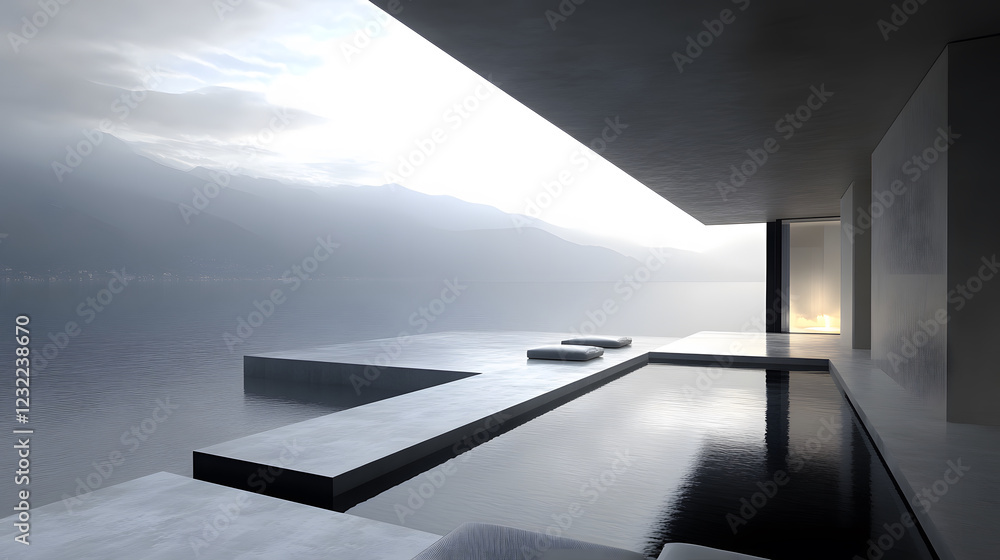 Poster a minimalist architectural design overlooking a tranquil body of water, featuring sleek lines and a 