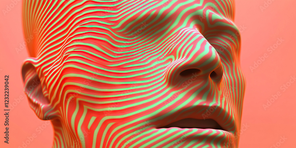 Poster three-dimensional render of human face with wavy stripe pattern