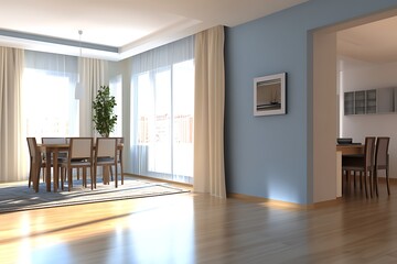 Fototapeta premium a modern apartment includes an empty living room with a bare blue wall and a dining space that has a table and chairs.