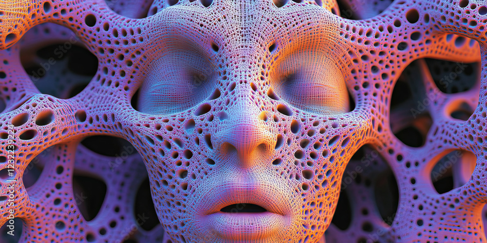 Poster digital render of face embedded in porous lattice structure