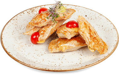 Fried chicken fillet in paprika on a plate on a white background