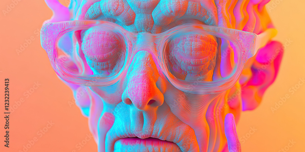 Poster digital rendering of a face with glasses in pink and cyan