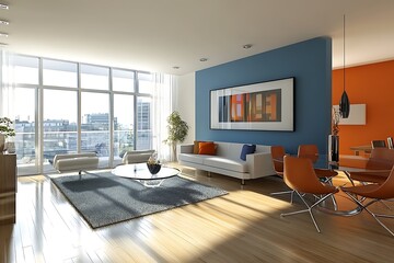 In a modern apartment, the living room is empty, highlighted by a plain blue wall, while the dining room is furnished with a table and chairs.