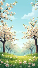 Fototapeta premium Serene cherry blossom pathway in full bloom on a sunny day