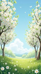 Naklejka premium Sunny spring meadow with blooming daisy trees and blue sky
