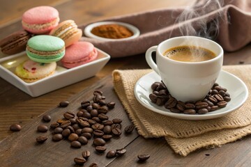 Aromatic Coffee with Sweet Macarons and Roasted Beans on Wooden Surface