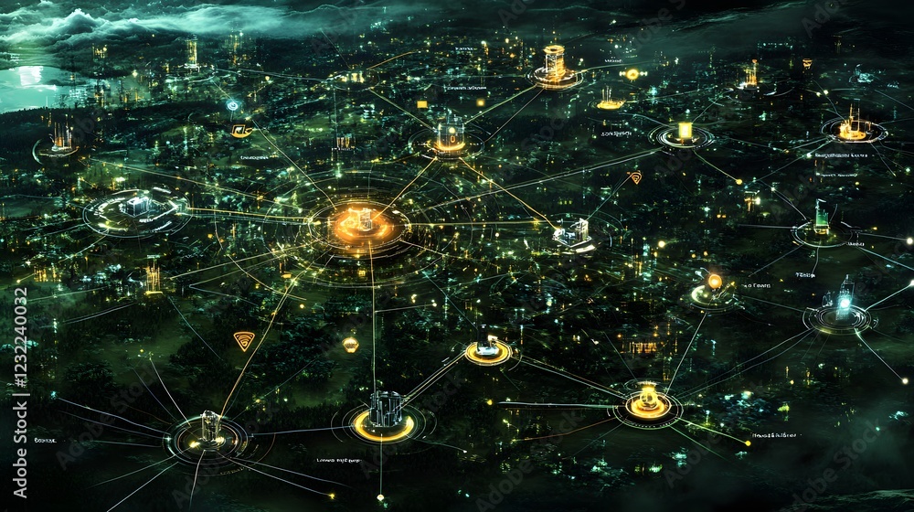Poster network topology: a futuristic network map showing a vast iot ecosystem with various nodes (smartpho
