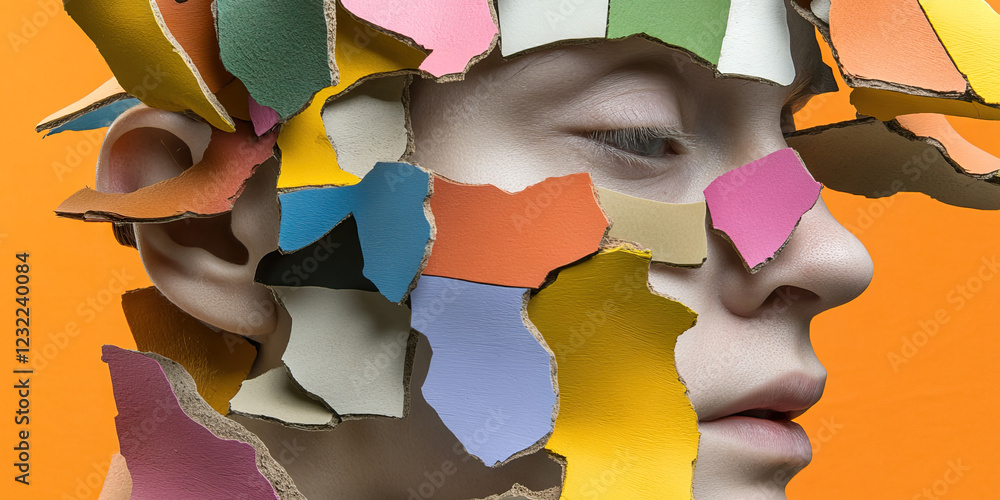 Poster human face partially covered with multicolored fragmented material
