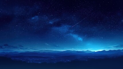 Fototapeta premium Serene Night Sky Over Mountains with Beautiful Blue Hues and Sparkling Stars Illuminating the Landscape