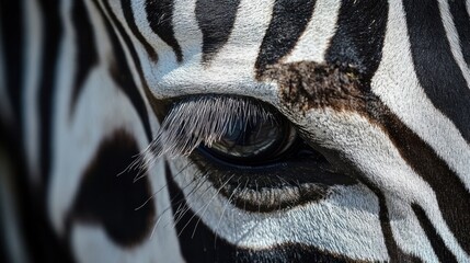 Close-up of a zebra's eye and stripes.