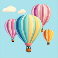 Obraz premium Colorful hot air balloons float against a light blue sky with fluffy clouds. Perfect for travel, adventure, and childhood themes.