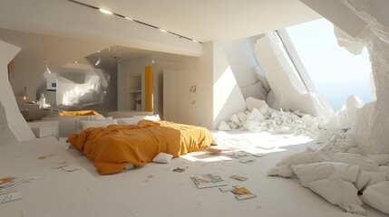 Destroyed bedroom, ocean view, sunlight, debris, chaos, design