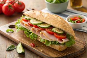 A delicious and healthy turkey and vegetable sandwich on a crusty roll, perfect for a light lunch or a satisfying snack