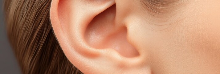 Healthy female ear is shown in close up, highlighting its delicate structure and emphasizing the importance of hearing health, suitable for audiology and healthcare related themes