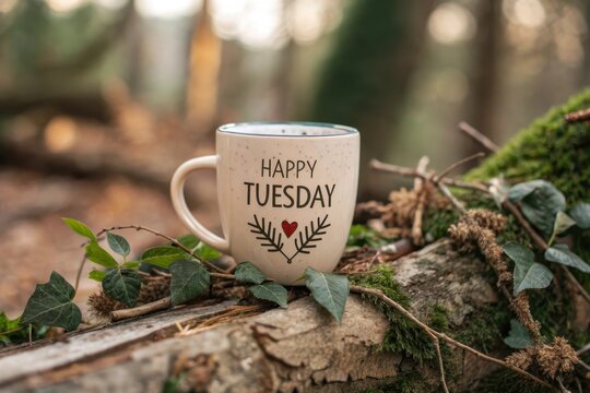 A Happy Tuesday mug rests on a mossy log in a serene woodland setting, symbolizing peaceful contemplation and a positive start to the week.