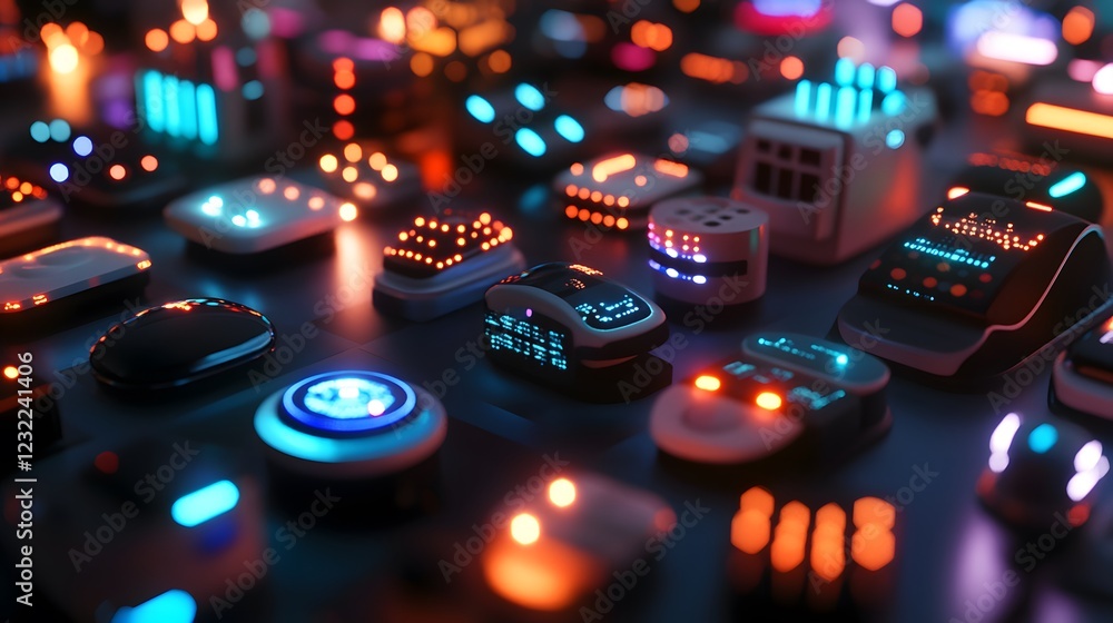 Poster close-up of diverse sensors embedded in everyday objects like smart homes, vehicles, and healthcare 