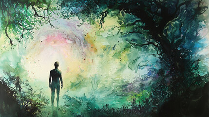 Ethereal watercolor landscape with figure in mystical forest