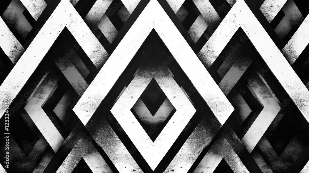 Poster abstract monochrome geometric pattern with textured diamonds and arrows.