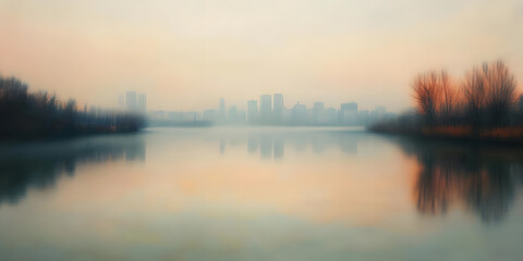 Obraz premium Sunrise city skyline reflection, Urban landscape at dawn, Misty morning cityscape, Tranquil urban sunrise view