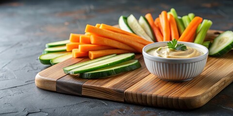 Carrot and cucumber sticks with creamy hummus dip on a wooden cutting board, crudites