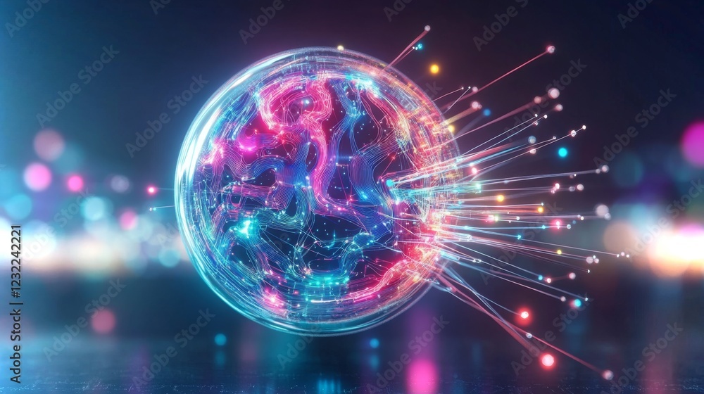 Poster digital sphere with vibrant light patterns and futuristic design showcasing advanced technology