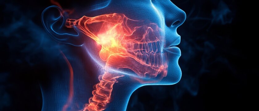 A 3D Rendering Of A Human Head And Neck, With The Temporomandibular Joint Highlighted In Red, Indicating Pain Or Inflammation. The Image Is Dark And Moody, With Blue And Red Hues Dominating.