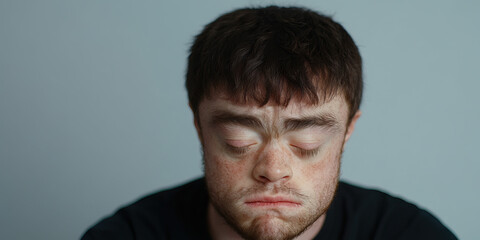 Fototapeta premium Portrait of a Young Man with Freckles and Closed Eyes
