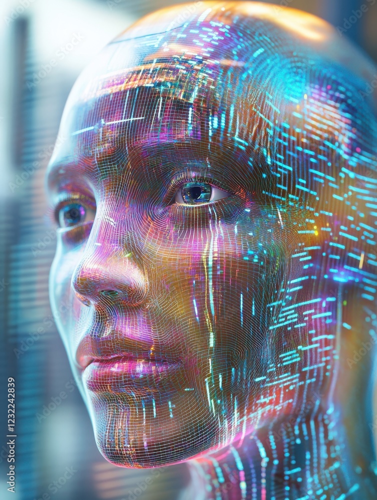 Poster an advanced stock neural network chatbot. a holographic ai chatbot assistant.